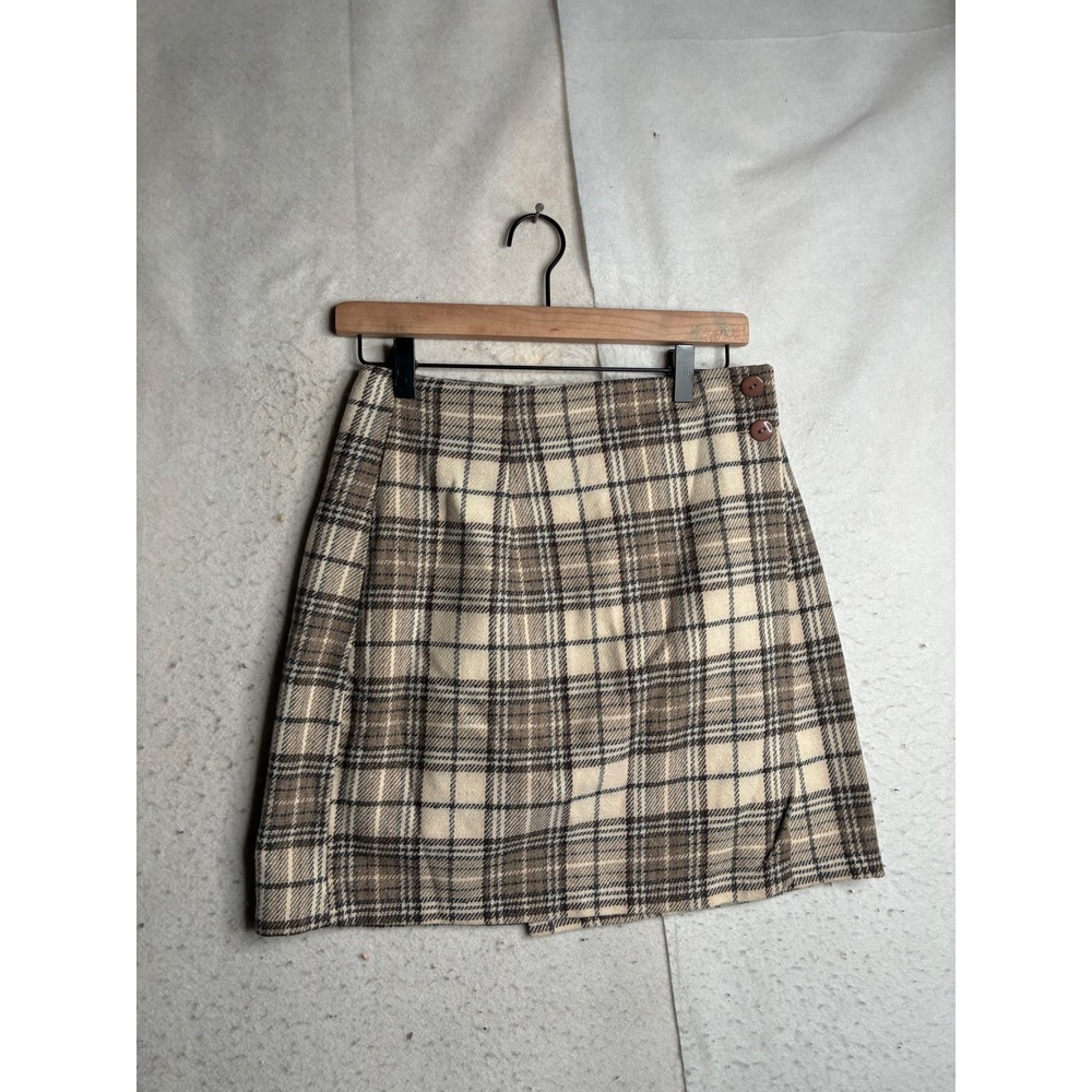 Vintage 35th & 10th Plaid Mini Skirt Brown Tan Wool Blend Side Button Size 7